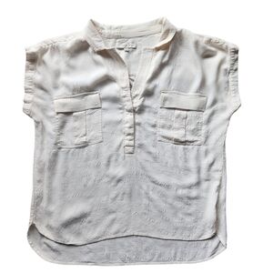 LOFT Cream Short-Sleeve Split-Neck Pocket Blouse